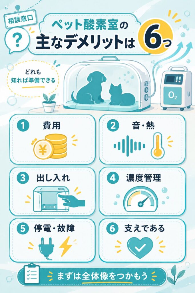 費用・音熱・出し入れ・濃度・停電・支えの6デメリット一覧図